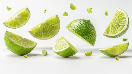 Capture the essence of freshness with a rear view of isolated flying limes Illustrate the dynamic motion of falling sliced lime fruit against a crisp white backdrop