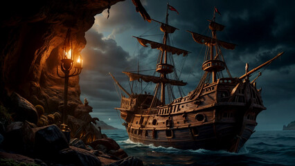 A dark, mysterious pirate ship cruising through the night on the open ocean.