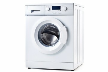 Contemporary front-load washer with digital display, isolated on a white background with a clear view