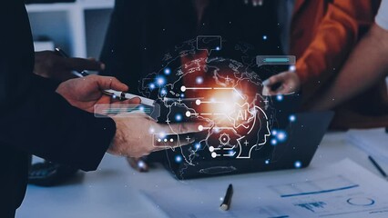 Ai tech, businessman show virtual graphic Global Internet connect Chatbot Chat with AI, Artificial Intelligence. Using command prompt for generates something, Futuristic technology transformation.