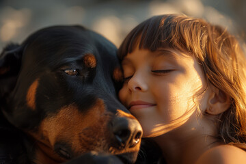 A young girl and her Doberman share a tender moment in the warm glow of the setting sun. Pets and animals concept