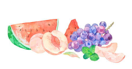 水彩で描いたジューシーでおいしそうなフルーツのセットイラスト © きだ
