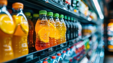 Isolated background and studio-lit close-up of fresh drinks in a supermarket fridge, focused on clarity and advertising effectiveness
