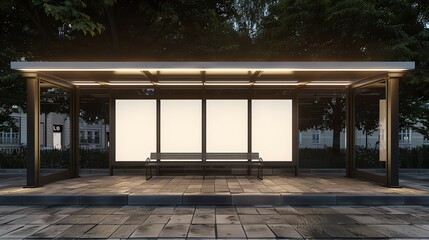Photo of a bus stop at night. There are four blank billboards, a bench, and a trash can. The bus stop is lit by a street lamp.