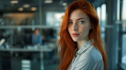 A woman with red hair in an office.