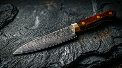 Intense close-up of a vintage kitchen knife against a black stone surface, isolated background, ideal clarity and focus for advertising