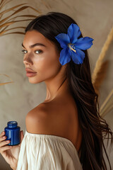 woman with a jar of cream and flower on her head.