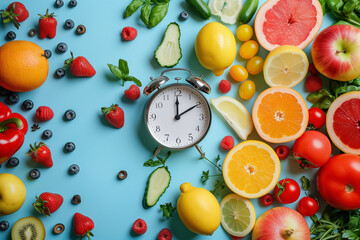 Alarm clock surrounded by fruits and vegetables isolated on pastel background. Interval fasting or meal schedule concept.