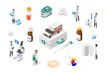 Isometric pharmacy industry. Medical characters with medications, first aid kit and ambulance. Laboratory and hospital elements, flawless vector set