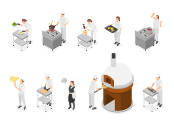 Isometric professional chefs. People cooking and baking, bakery restaurant chef in uniform. Kitchen workers preparing meals, flawless vector set