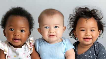 Three babies are smiling and looking at the camera.