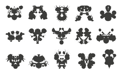 Rorschach inkblot test. Mental health diagnostic materials, black abstract ink blots in various shapes. Psychology, psychiatry neoteric vector tools