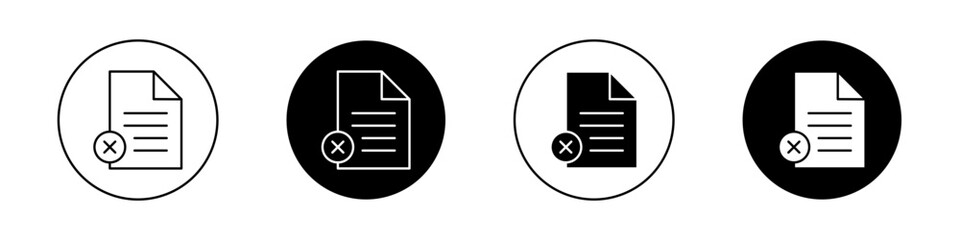Delete Document icon set. remove or cancel invali computer file vector symbol. reject or decline form paper. contract denied pictogram in black filled and outlined style.