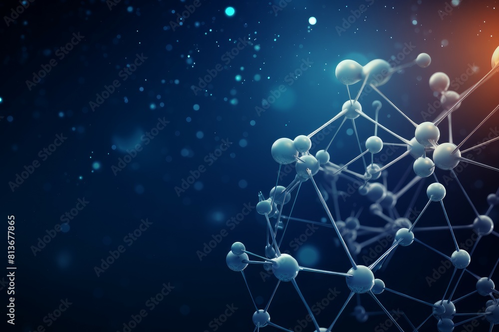 Poster 3d render of interconnected spheres and rods symbolizing a molecular structure against a blue backdr