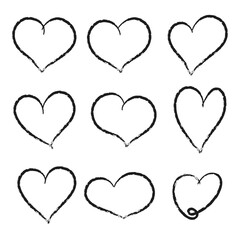 Crayon hearts painted with marker or pencil. Hand drawn chalk symbol of love. Vector Illustration on white background
