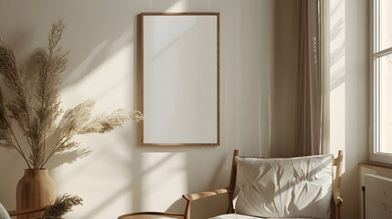 Mockup canvas in a high-quality semi close-up photograph of a house interior with an inviting Nordic design. Clean lines, minimalistic furniture, and a cozy ambiance. Bright natural light