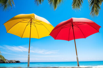 Relaxing on a Deserted Beach - Two Beach Umbrellas Resting Under a Clear Blue Sky