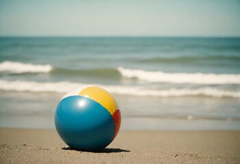 Obraz premium A colorful beach ball lies on the sandy shore near the ocean, under a clear sky on a sunny day