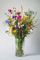 Assorted wildflowers arranged in a transparent glass vase, exuding natural beauty and charm. Perfect for floral arrangements, interior decor, or springtime imagery. 