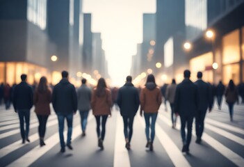 A diverse group of individuals walking in an orderly fashion across a bustling city street, with buildings and cars in the background