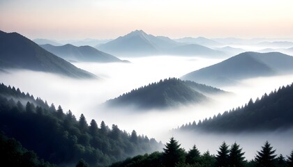Obraz premium A foggy mountain range with trees in the background, creating a mystical and atmospheric scene
