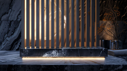 Obraz premium Black onyx podium with integrated soft lighting, perfect for highlighting the features of luxury cosmetics