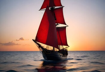 A red sail boat moves gracefully through the ocean waters during a vibrant sunset, with the colorful sky reflected on the water