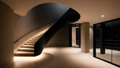 A contemporary staircase in a dimly lit room, showcasing sleek lines and minimalist design