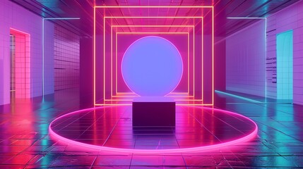 Geometric podium surrounded by neon grid lines, evoking an 80s retrofuturistic feel for nostalgic product displays