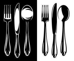 Fork Spoon Knife. Set of cutlery on black and white background