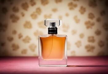 A glass bottle of perfume placed on a vibrant pink background, creating a striking contrast between the elegant bottle and the feminine backdrop