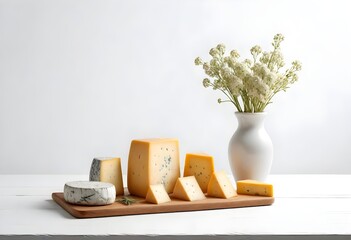 Blue cheese placed on a wooden board alongside a vase of colorful flowers
