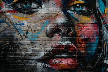Stylish street graffiti with a woman's face on a brick wall. Generative AI