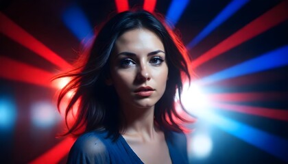 Naklejka premium A woman wearing a blue dress standing in front of red and blue lights