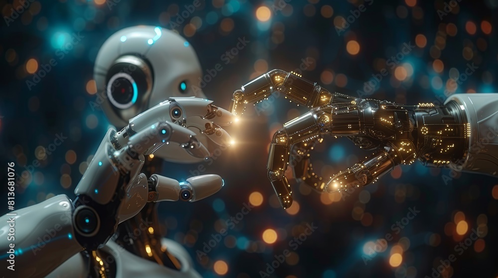 Poster futuristic interaction between human and robot hands with sparkling light