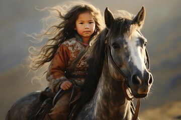 Young nomadic girl with flowing hair rides a horse, reflecting the traditional equestrian culture