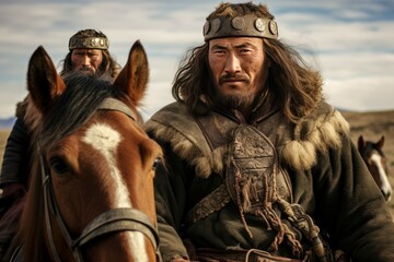 Fototapeta premium Portrait of mongolian horsemen in traditional clothing, showcasing nomadic culture