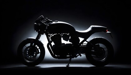 Fototapeta premium A black motorcycle is parked in a dimly lit room, surrounded by shadows and darkness
