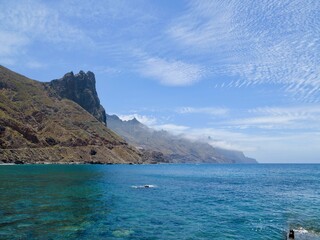 Seaside view to the beach Playa del Roque de las Bodegas and Roque de las Animas mountain from the Roque de las Bodegas, Alm&aacute;ciga, Anaga Rural Park, Santa Cruz de Tenerife, Canary Islands, Spain