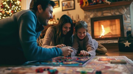 Fototapeta premium The family is sitting on the hardwood floor, sharing a fun board game event in front of the fireplace, enjoying the warmth and darkness. AIG41
