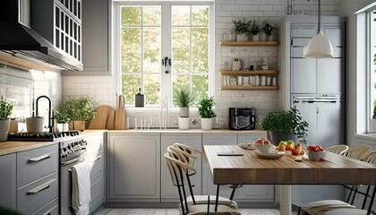 Modern Scandinavian style kitchen with very simple decoration, kitchen with light colors and very bright, created with generative AI
