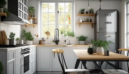 Modern Scandinavian style kitchen with very simple decoration, kitchen with light colors and very bright, created with generative AI
