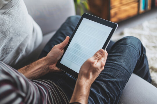 Adult man comfortably reading an e-book on a digital tablet, sitting cross-legged on a cozy sofa