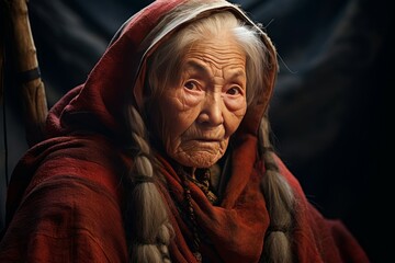 Portrait of an aged woman with deep wrinkles, donning a red hooded cloak, holding a wooden staff