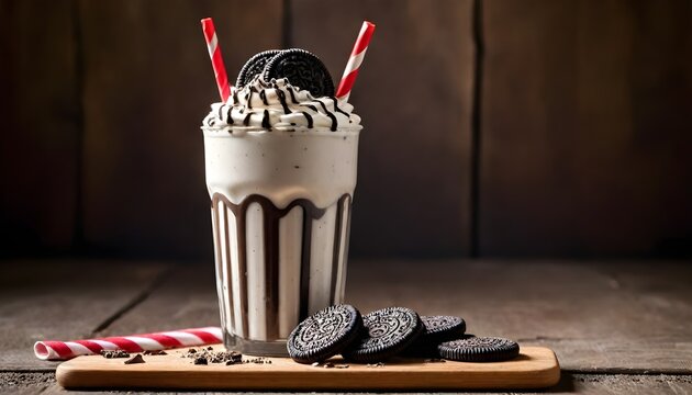 A freshly made oreo milkshake topped with whipped cream and oreo crumbs, served in a tall glass