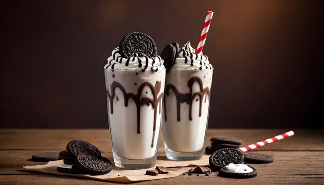 Two creamy Oreo milkshakes are placed on a rustic wooden table, ready to be enjoyed by anyone looking for a sweet treat