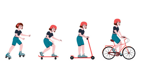 Different poses of woman riding. Female person in doodle style.