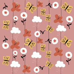 Hand drawn childish abstract flowers and butterfly pattern for fabric, textile, wallpaper