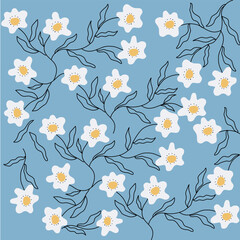 Hand drawn white abstract flowers pattern on blue background for fabric, textile, wallpaper