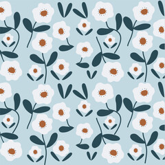 Hand drawn white abstract flowers pattern on blue background for fabric, textile, wallpaper